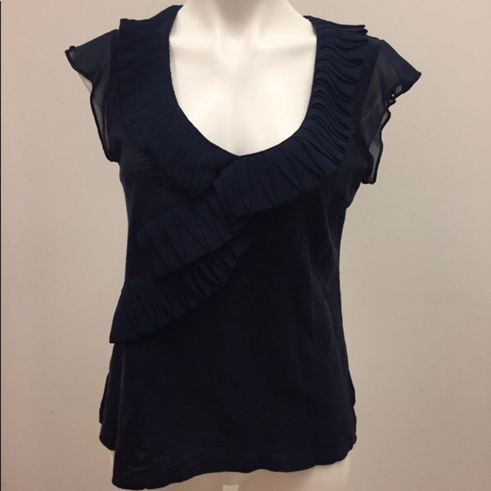 Anthropologie Deletta Ruffle Navy Blue Blouse Top